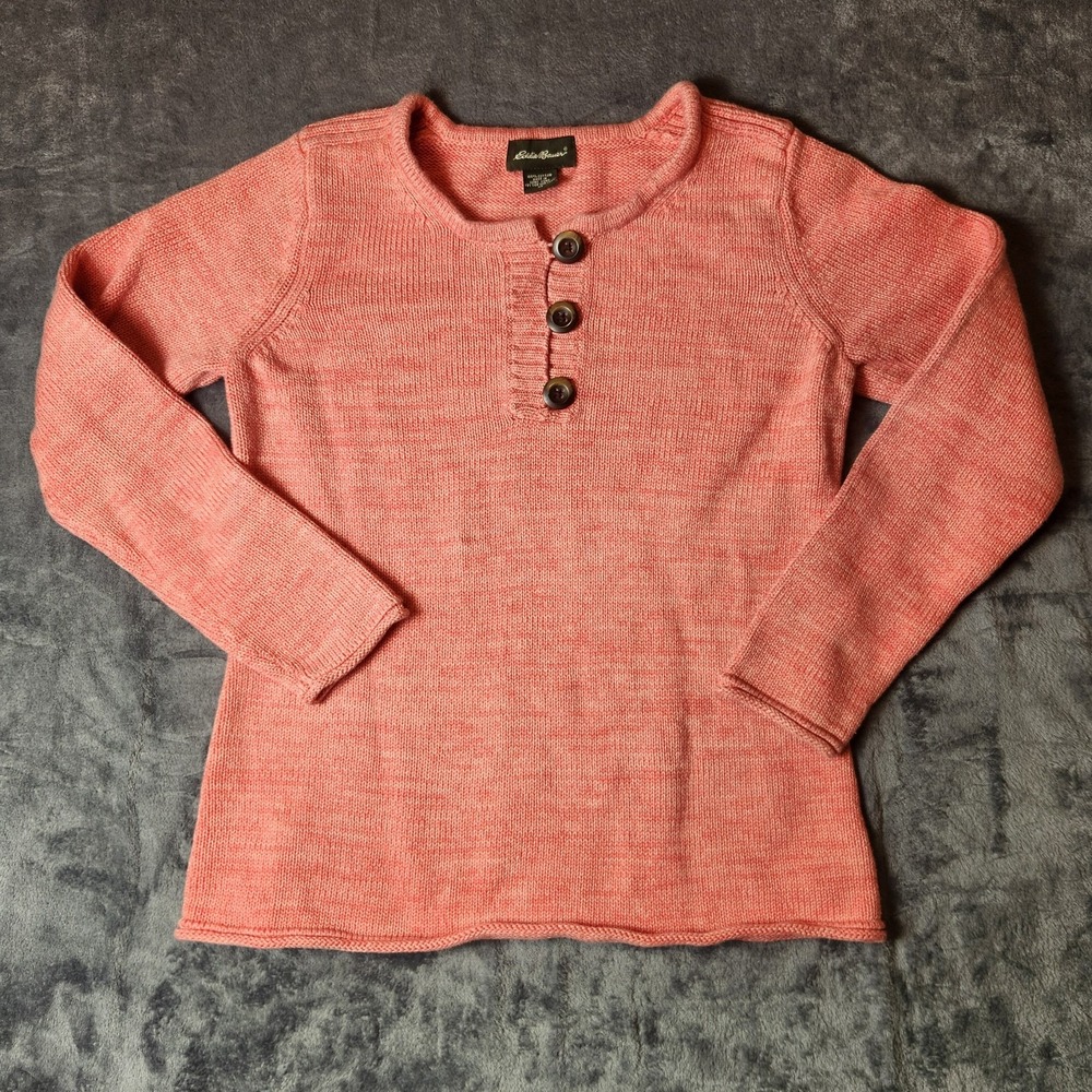 Eddie Bauer Womens Knit Henley Sweater Coral Pink Long Sleeve Rolled Hem Pullove